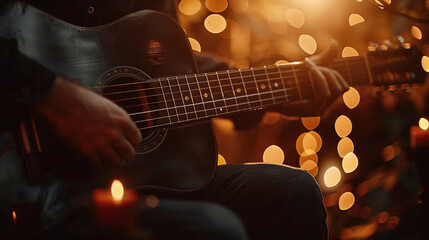 Fototapeta premium Close up of guitarist on stage. Music band group perform on a concert stage. 