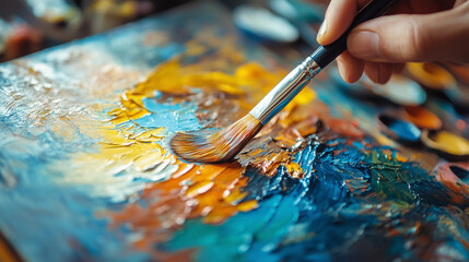 Fototapeta premium Capturing creativity with a paintbrush as vivid colors blend on a textured canvas in a cozy art studio in the golden afternoon light