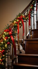 A staircase is decorated with red ribbon and Christmas lights