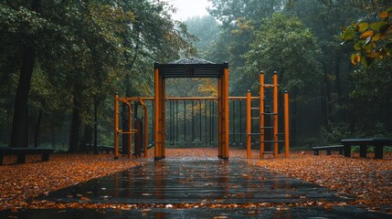 Empty wet playground in misty autumn park surrounded by trees, orange leaves covering ground, serene outdoor setting, quiet morning, urban nature, seasonal rain atmosphere.