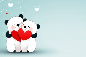 Fototapeta premium bear hug illustration, simple adorable doodle of embracing bears with hearts and love notes on a pale blue background