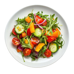 Fresh salad with tomatoes, cucumbers, peppers, and arugula, drizzled with dressing, showcasing vibrant colors and healthy ingredients
