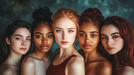 Fototapeta premium Five beautiful fashion models of diverse ethnicities stand together, showcasing their natural beauty and promoting inclusivity in the fashion industry