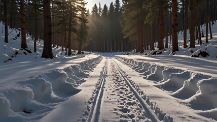 A snow covered road with a sun shining on it
