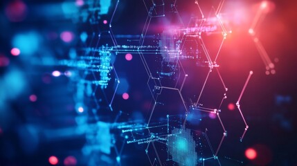 Obraz premium A futuristic digital interface with hexagonal shapes and streaming data, illuminated in blue and red. Perfect for visualizing modern networks, AI, and data analysis.. AI Generation