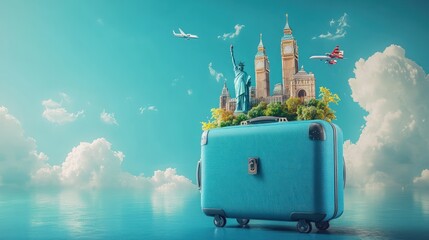Obraz premium Suitcase with famous landmarks, planes, and clouds; travel concept.