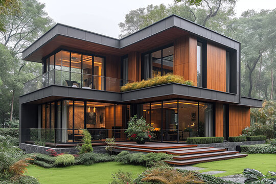 Luxurious modern cubic house with wooden cladding and black panel walls, front yard landscaping. Residential and minimalistic concept.