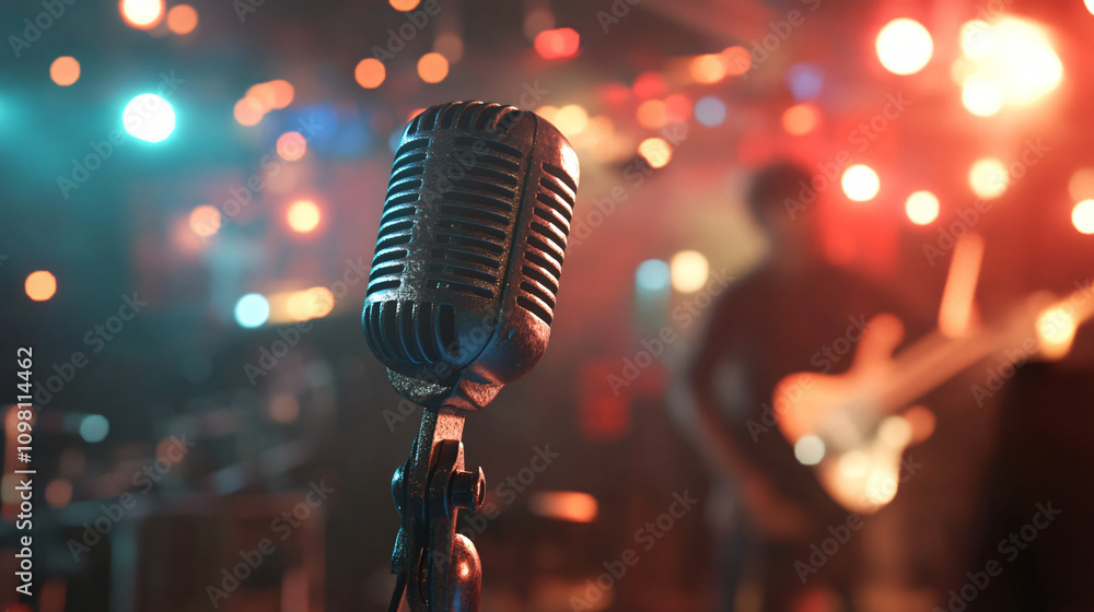Poster metal microphone on stage with blurred musician playing guitar in background during live performance