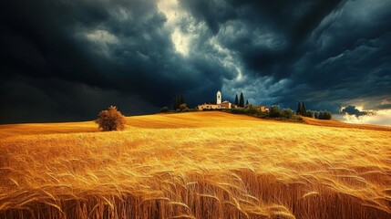 Fototapeta premium Dramatic sky over golden wheat field and hilltop village.