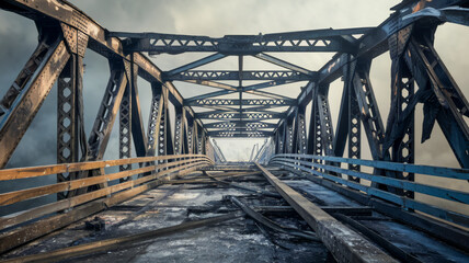 Rusting bridge structure with visible support beams