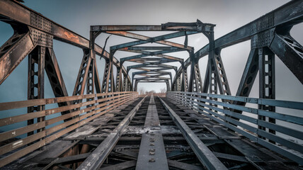 Obraz premium Steel railway bridge with grid pattern and perspective view