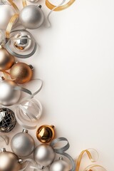 Obraz premium Modern Christmas Background with Gold and Silver Baubles and Metallic Ribbons for Festive Banners