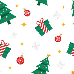 Christmas seamless pattern. Repeatable pattern of Christmas and New Year including Santa, reindeer, snow, gift ornaments or wallpaper, wrapping paper, card template or banner or textile print.