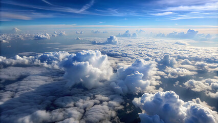 Naklejka premium A stunning view from above showcases vast fluffy clouds spread across the sky, illuminated by sunlight, creating a serene atmosphere on a clear day
