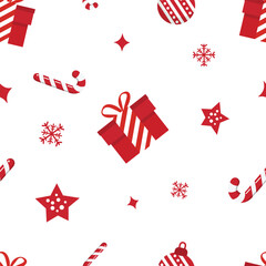 Christmas seamless pattern. Repeatable pattern of Christmas and New Year including Santa, reindeer, snow, gift ornaments or wallpaper, wrapping paper, card template or banner or textile print.
