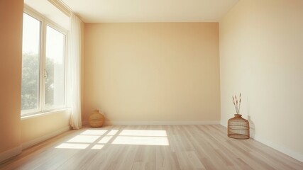 Obraz premium Sunlight streams through a large window, illuminating a minimalist room with cream walls and light wood floors, creating a warm and inviting atmosphere.