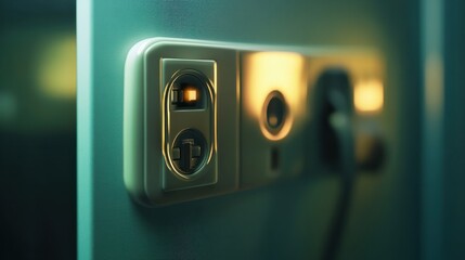 Naklejka premium A close-up of a modern electrical plug and socket, highlighting the clean design and precise connections, captured in full HD studio-quality.