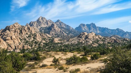 Obraz premium Majestic mountain range under a vibrant blue sky, showcasing rugged peaks and desert landscape.