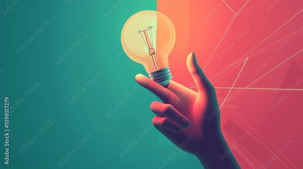 Poster a vibrant ai-generated image showing a hand gently balancing a glowing lightbulb on its fingertips. 