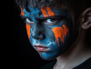 Young boy with blue and orange warrior like face paint intense expression and bold artistic design...