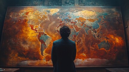 Businessperson Examining Expansive Global Market Map for Business Strategy