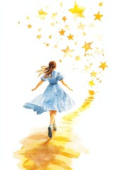 The Wizard of Oz. Girl in blue dress walking towards stars