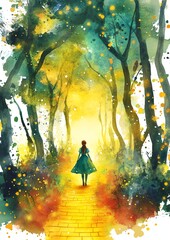 The Wizard of Oz. A girl in a magical forest path