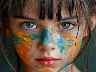 Portrait of a young girl with vivid green and yellow face paint expressive gaze and vibrant...