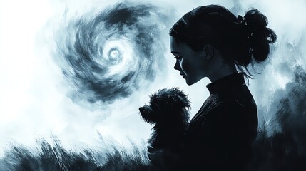 The Wizard of Oz. Silhouette of a woman with a dog in a stormy scene