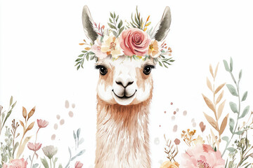 Obraz premium Llama with floral crown in watercolor style on pastel background.