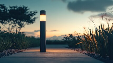 A sleek and modern pathway lamp illuminating a beautiful landscaped yard, with a clear sky in the background. Full HD clarity, showcasing outdoor elegance.