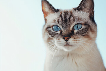 Obraz premium A beautiful cat in close-up. Cute cat on a white and blue background. Pet. Animal care. Background with animals. A place for the text. A place to copy