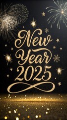 Elegant New Year 2025 Card with Gold Script, Fireworks & Stars V11