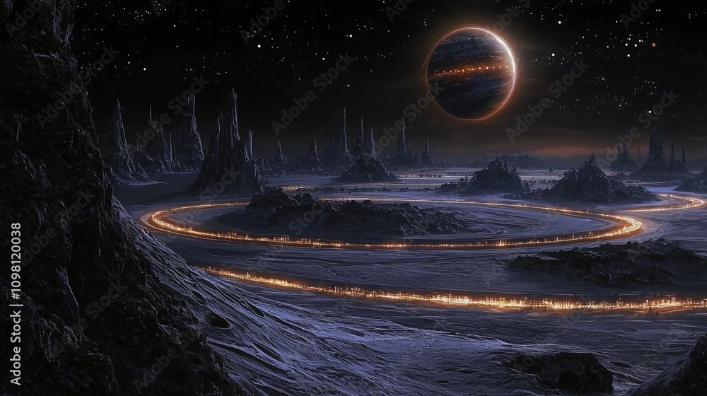 Poster surreal alien landscape with planet and glowing ring structures