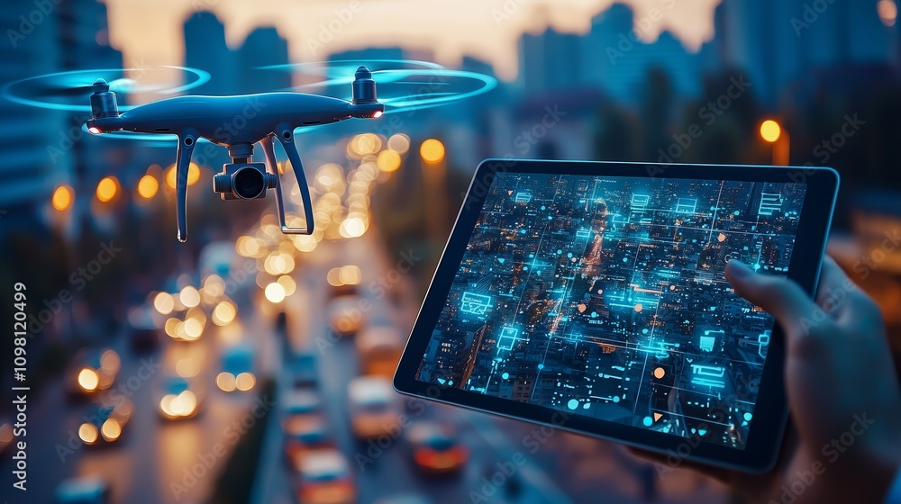 Poster drone technology and data analysis in urban environment at dusk