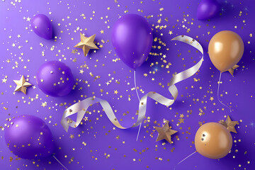 Fototapeta premium New year A purple background with golden stars, balloons, and ribbons for celebration or party