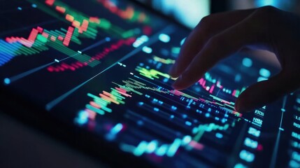 Fototapeta premium Close-up of hands analyzing stock market data on a tablet, with graphs and charts displayed, symbolizing investment decisions. Captured in full HD clarity.