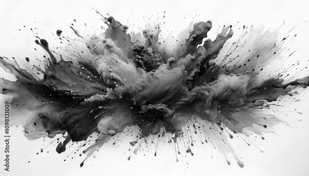 Poster Explosive Abstract Ink Burst in Grayscale. Dynamic Energy and Fluid Motion Captured in Monochromatic Splatter Art, Ideal for Modern Minimalist Designs or Creative Concept Inspiration