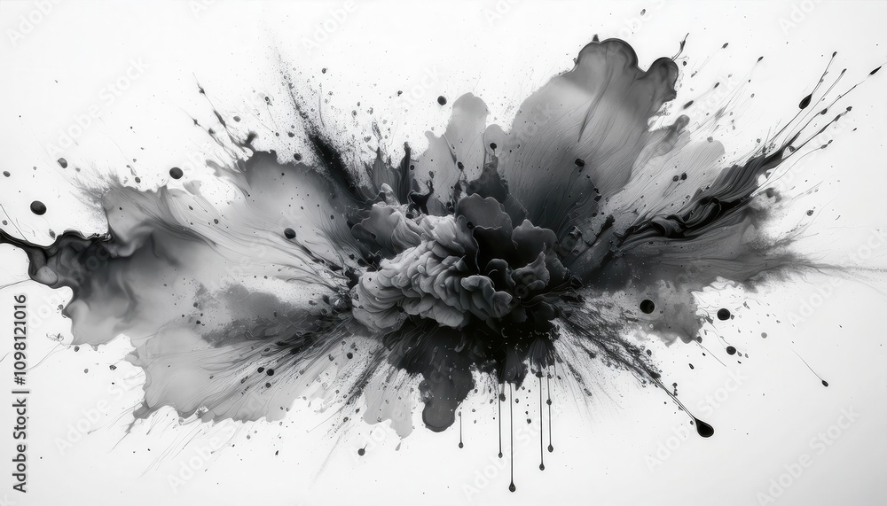 Poster Explosive Abstract Ink Burst in Grayscale. Dynamic Energy and Fluid Motion Captured in Monochromatic Splatter Art, Ideal for Modern Minimalist Designs or Creative Concept Inspiration
