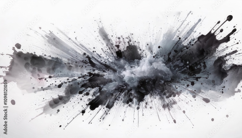 Poster Explosive Abstract Ink Burst in Grayscale. Dynamic Energy and Fluid Motion Captured in Monochromatic Splatter Art, Ideal for Modern Minimalist Designs or Creative Concept Inspiration