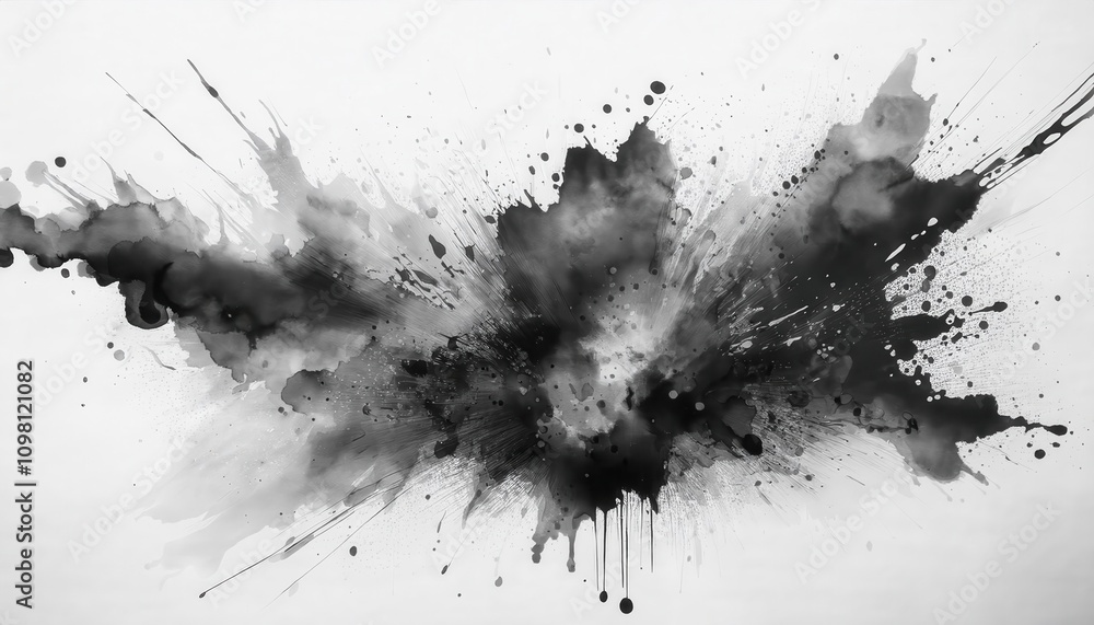 Poster Explosive Abstract Ink Burst in Grayscale. Dynamic Energy and Fluid Motion Captured in Monochromatic Splatter Art, Ideal for Modern Minimalist Designs or Creative Concept Inspiration