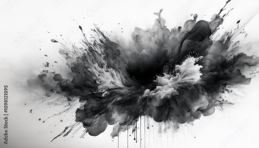 Poster Explosive Abstract Ink Burst in Grayscale. Dynamic Energy and Fluid Motion Captured in Monochromatic Splatter Art, Ideal for Modern Minimalist Designs or Creative Concept Inspiration