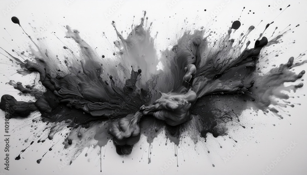 Poster Explosive Abstract Ink Burst in Grayscale. Dynamic Energy and Fluid Motion Captured in Monochromatic Splatter Art, Ideal for Modern Minimalist Designs or Creative Concept Inspiration