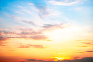 Sky, Sunset, Sunrise, like a bright golden and blue sky. The sunrise is decorated with clouds in various shapes, everning,Twilight, Large size, High definition landscape photo