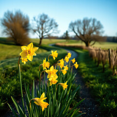 Daffodils growing in a row along a rural path, wildflowers, field edges, landscape photography, flower borders