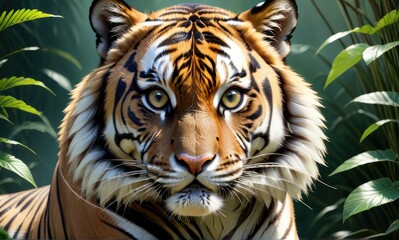 Fototapeta premium Majestic Sumatran Tiger Portrait: A Captivating Close-up of a Wild Cat in Lush Tropical Foliage, Displaying Striking Orange and Black Stripes, Intense Eyes, and White Fur Accents.