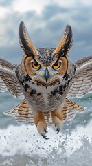 Against the backdrop of a golden sunset, a solitary horned owl launches itself from the edge of a secluded beach, its silhouette standing out against the vast ocean.
