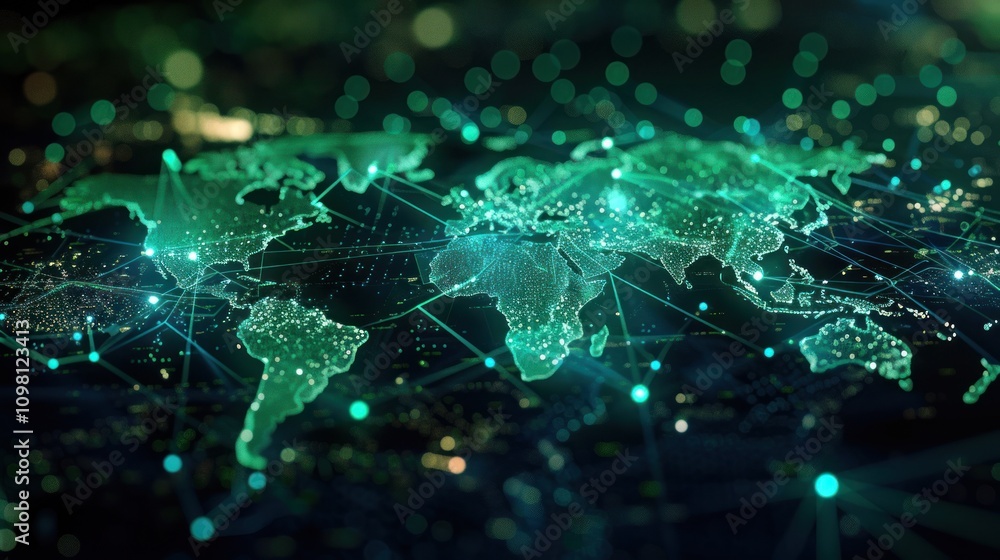 Poster a digital representation of a world map with network connections and glowing effects.