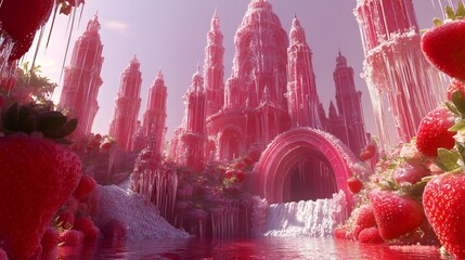 Enchanting Surreal Castle Landscape with Vibrant Flowers and Strawberries