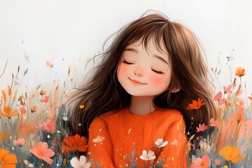 A beautiful painted girl with delicate pink cheeks and closed eyes looks calm and happy. She enjoys the world around her, her face exudes lightness and carefreeness.